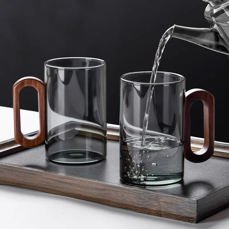 2/4/6pcs Glass Mug With Wooden Handle Heat-resistant Teacup Set