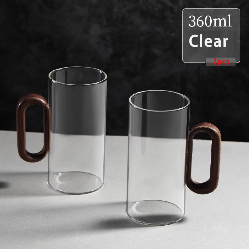 2/4/6pcs Glass Mug With Wooden Handle Heat-resistant Teacup Set