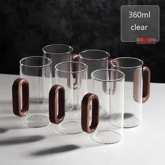 2/4/6pcs Glass Mug With Wooden Handle Heat-resistant Teacup Set
