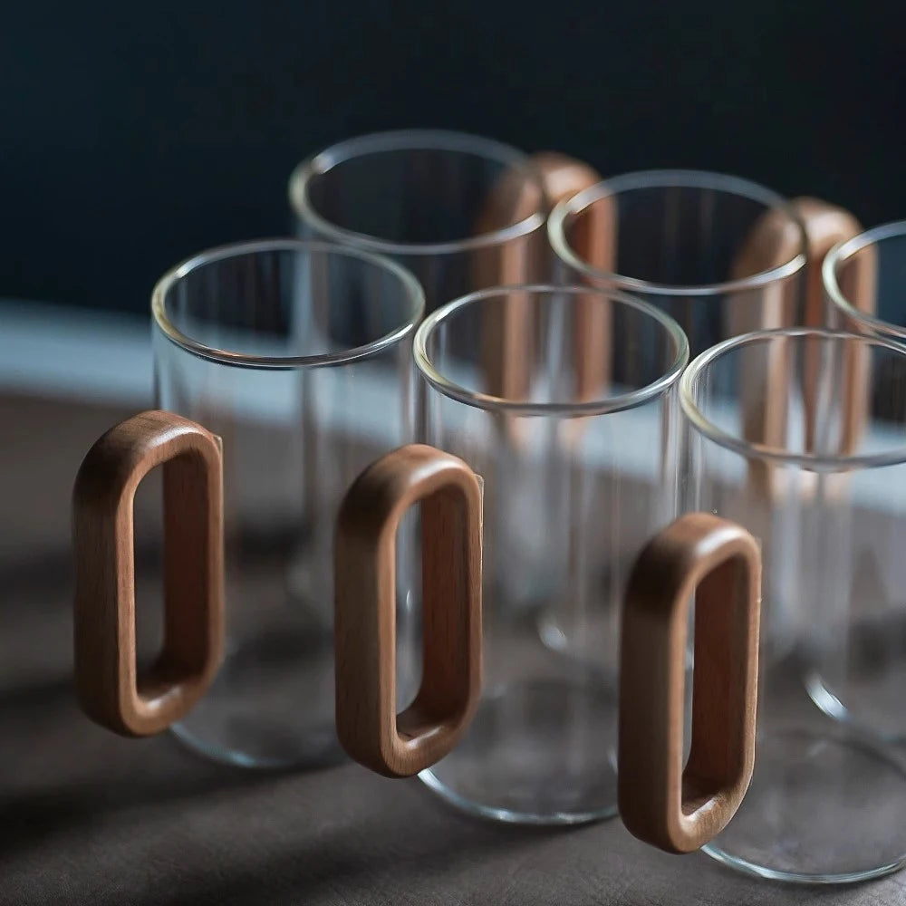 2/4/6pcs Glass Mug With Wooden Handle Heat-resistant Teacup Set