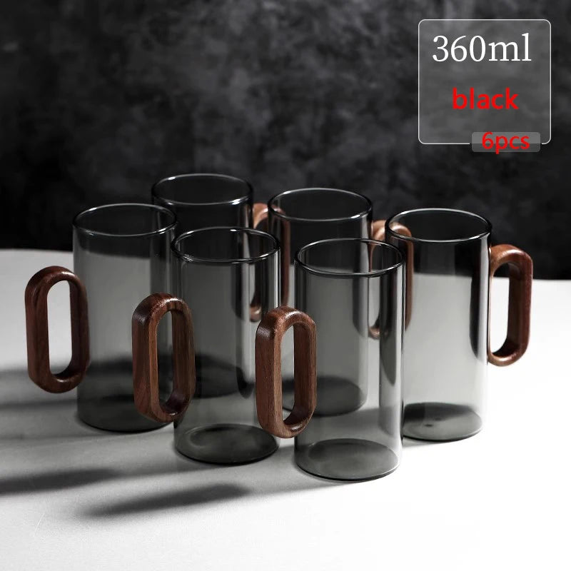 2/4/6pcs Glass Mug With Wooden Handle Heat-resistant Teacup Set